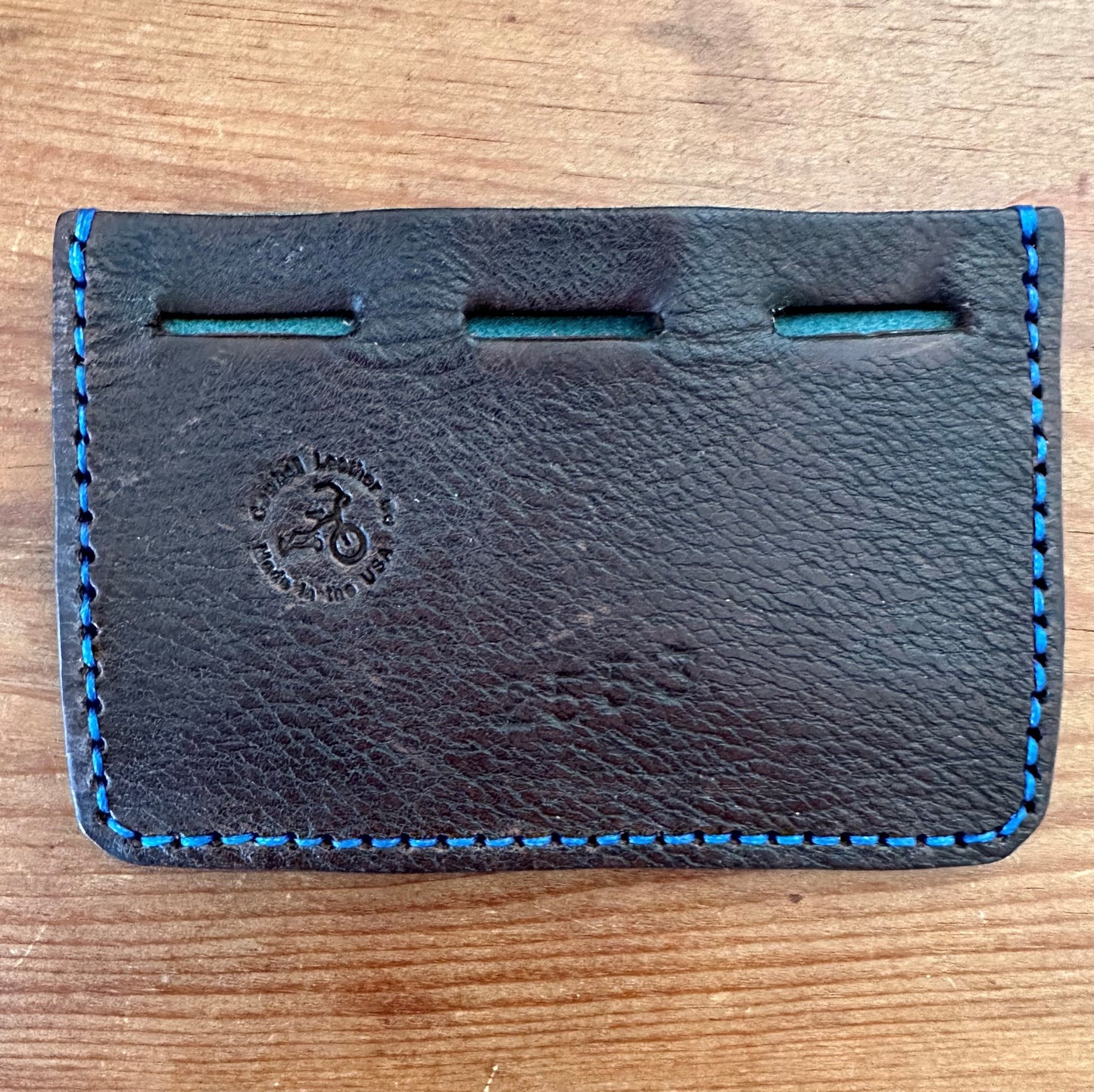 Billet Card & Cash Wallet (Dark Brown with Blue Pebbled Leather) - Made from a Retired English Saddle
