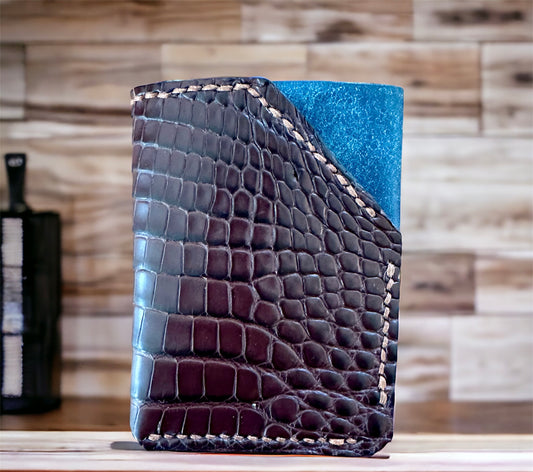 Two Faced Card and Cash Wallet in brown alligator & Mediterranean blue Pueblo leather