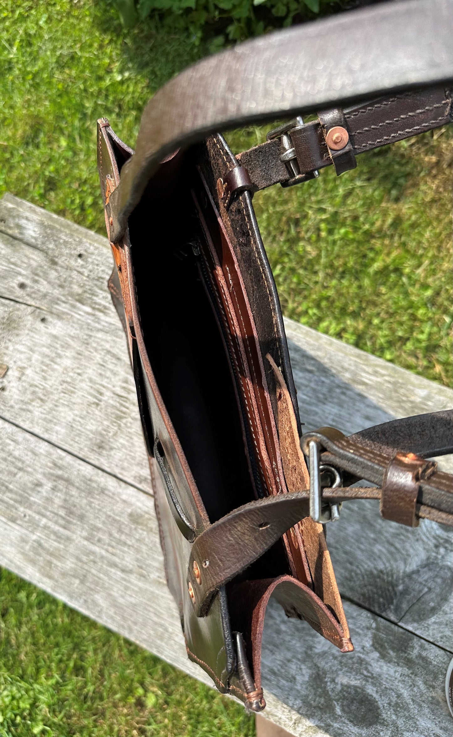 Stowaway Bag Two-Tone w/Left Pocket - Made from a retired English Saddle
