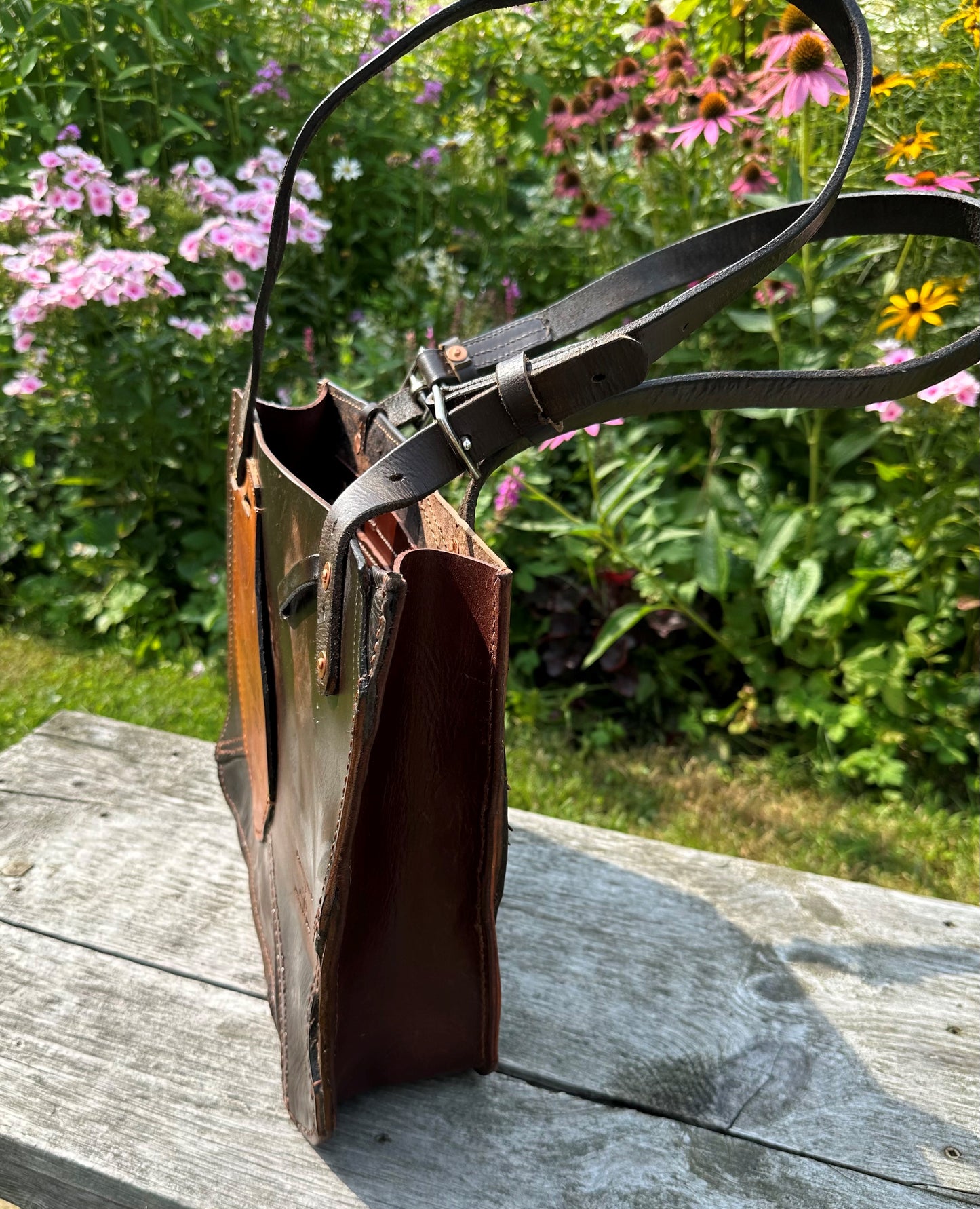 Stowaway Bag Two-Tone w/Left Pocket - Made from a retired English Saddle