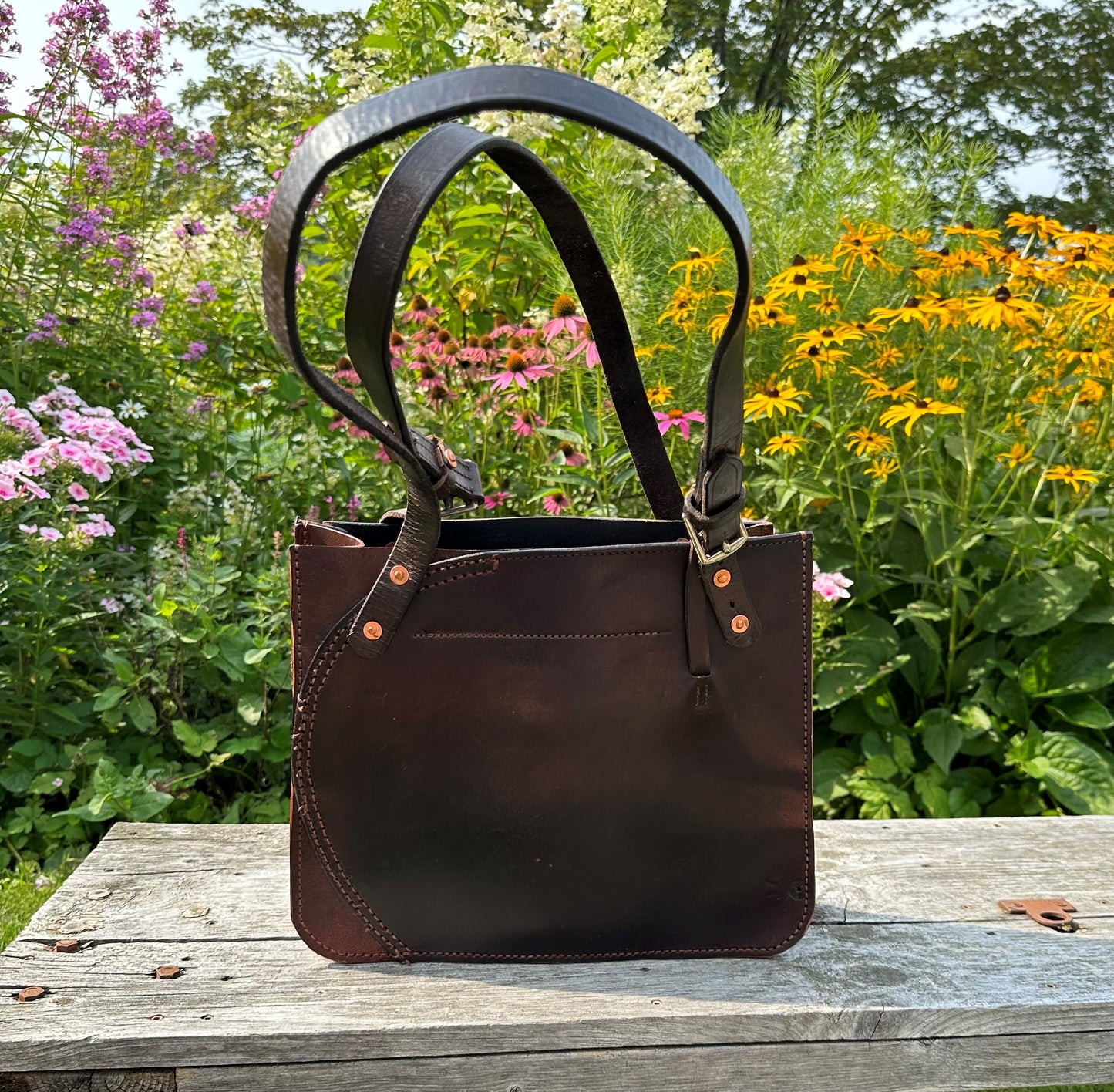 Stowaway Bag Two-Tone w/Left Pocket - Made from a retired English Saddle