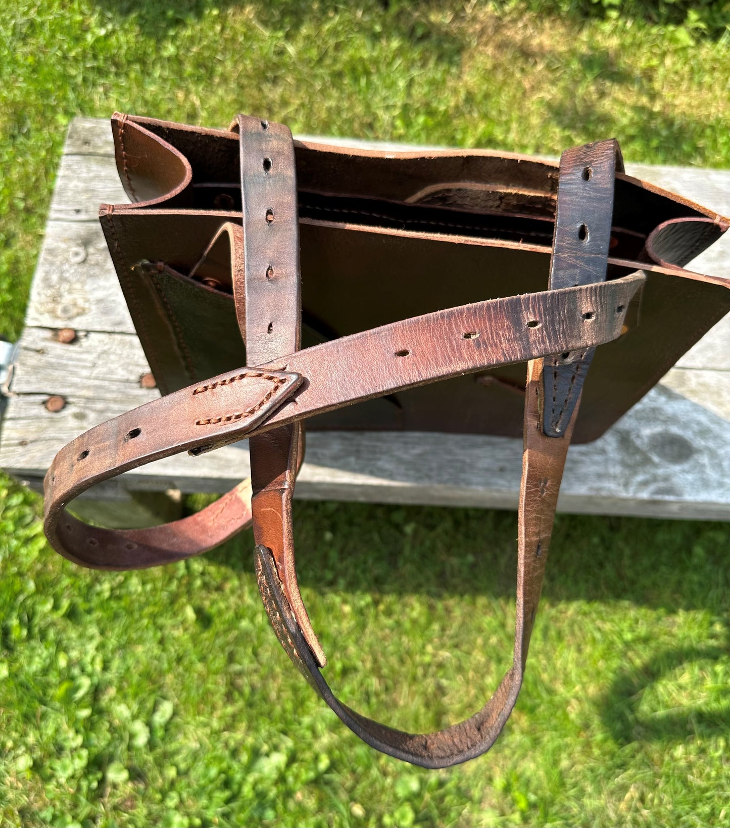 Stowaway Bag Two-Tone w/Left Pocket - Made from a retired English Saddle