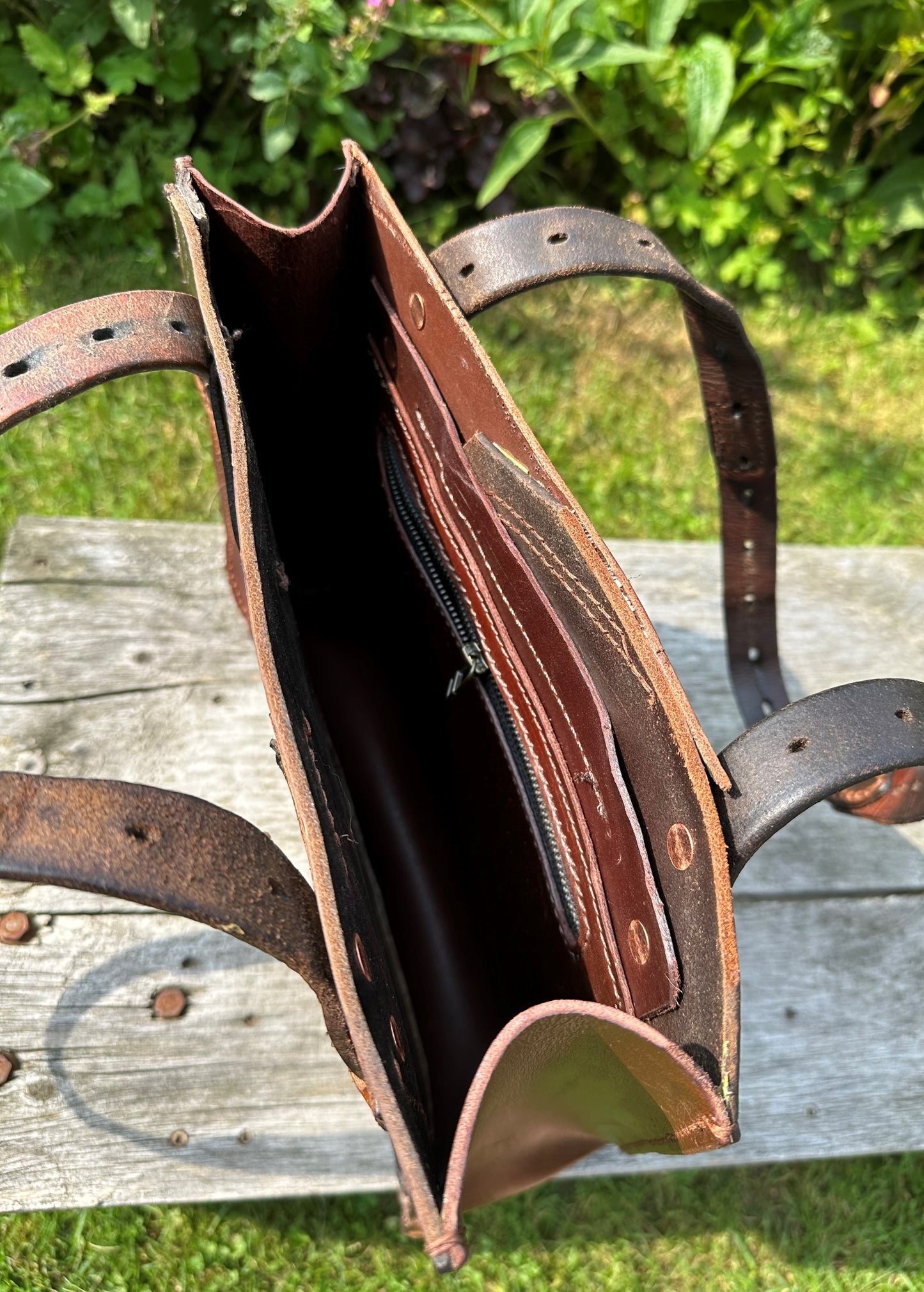 Stowaway Bag Two-Tone w/Right Pocket - Made from a retired English Saddle