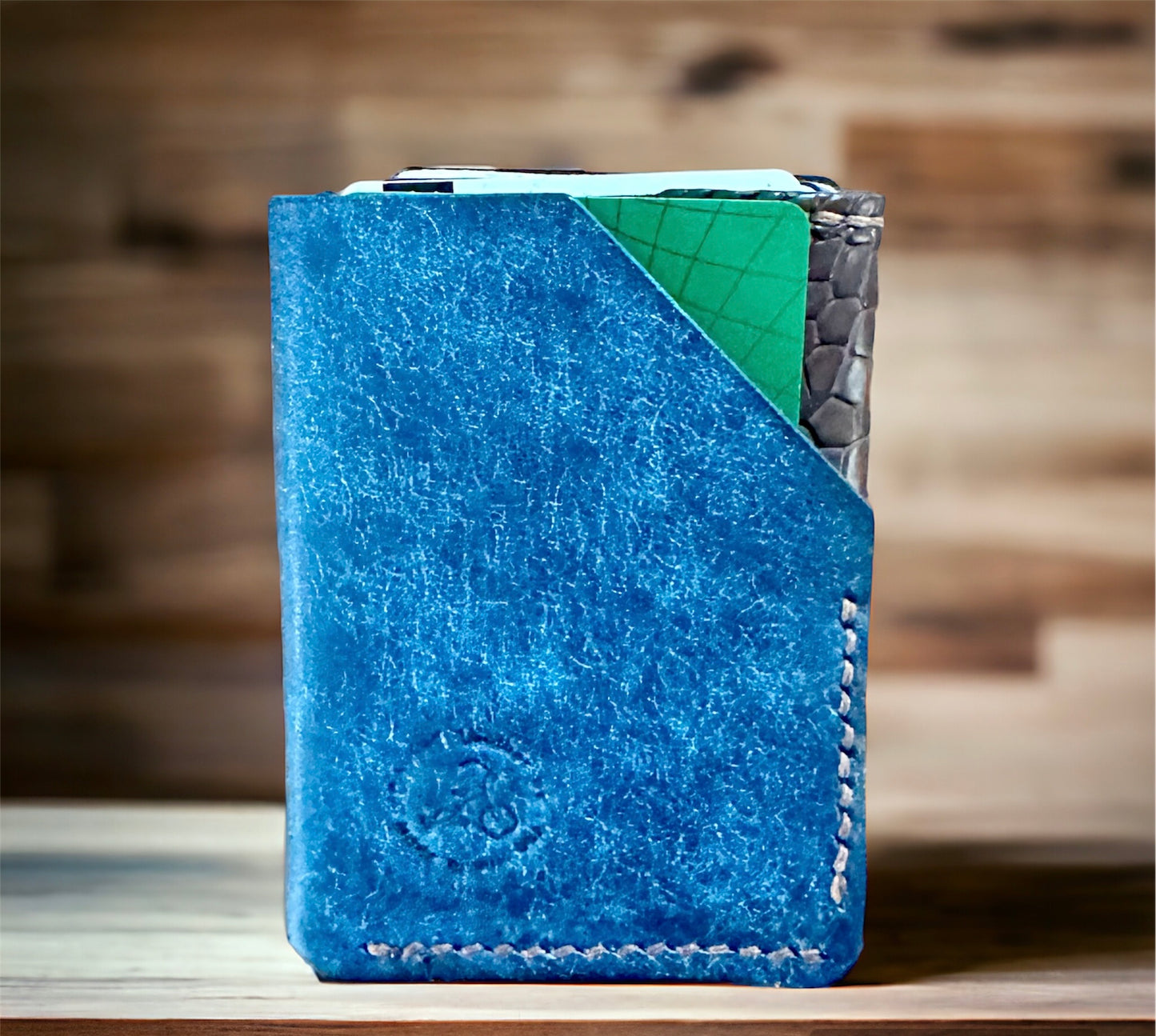 Two Faced Card and Cash Wallet in brown alligator & Mediterranean blue Pueblo leather