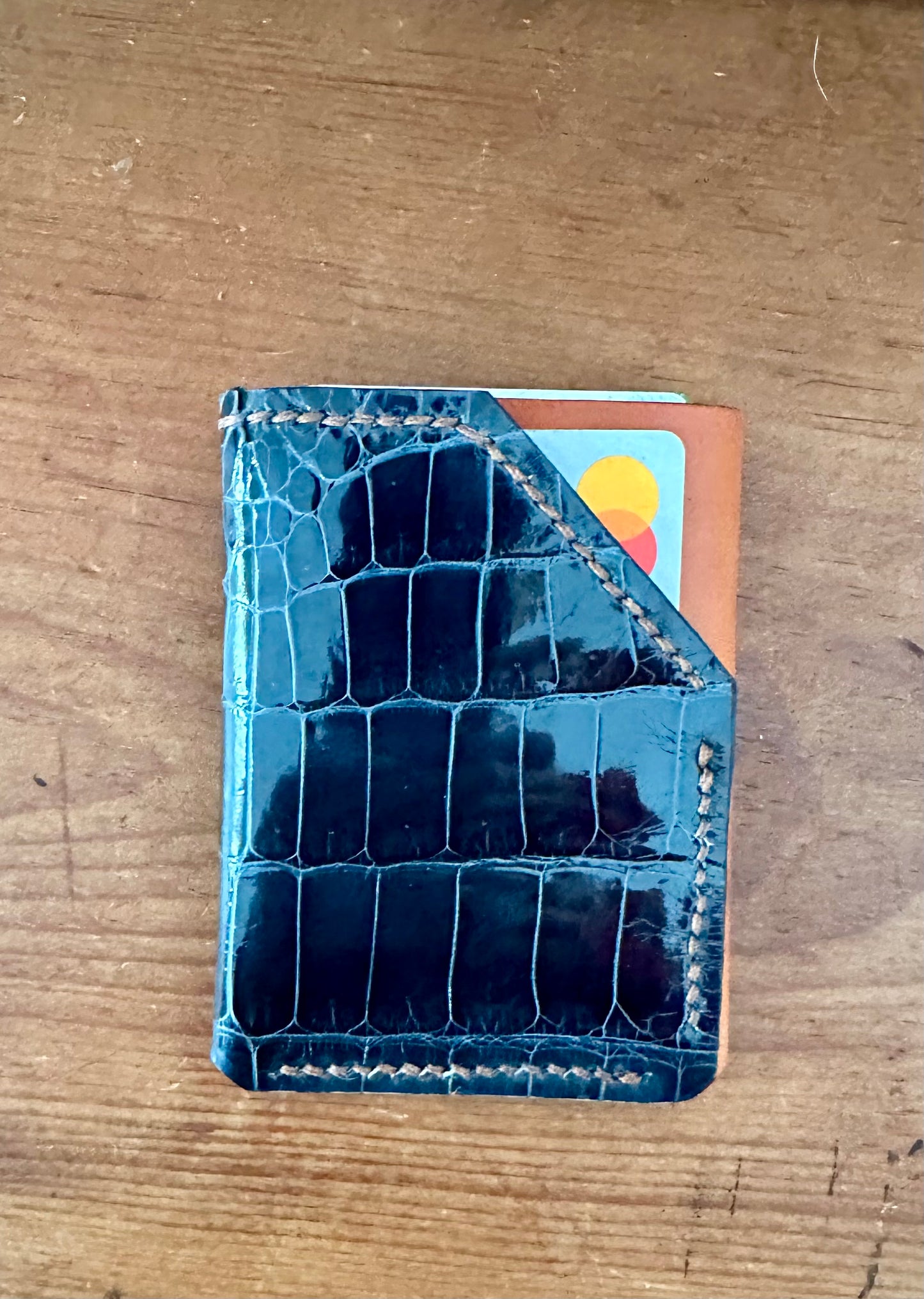 Two Faced Card and Cash Wallet - Midnight Blue Glazed Alligator and Cognac