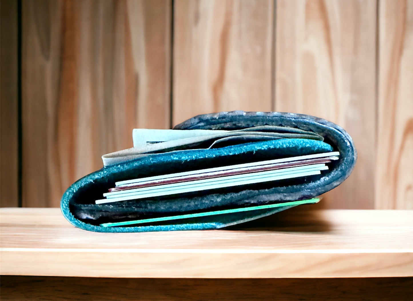 Two Faced Card and Cash Wallet in brown alligator & Mediterranean blue Pueblo leather