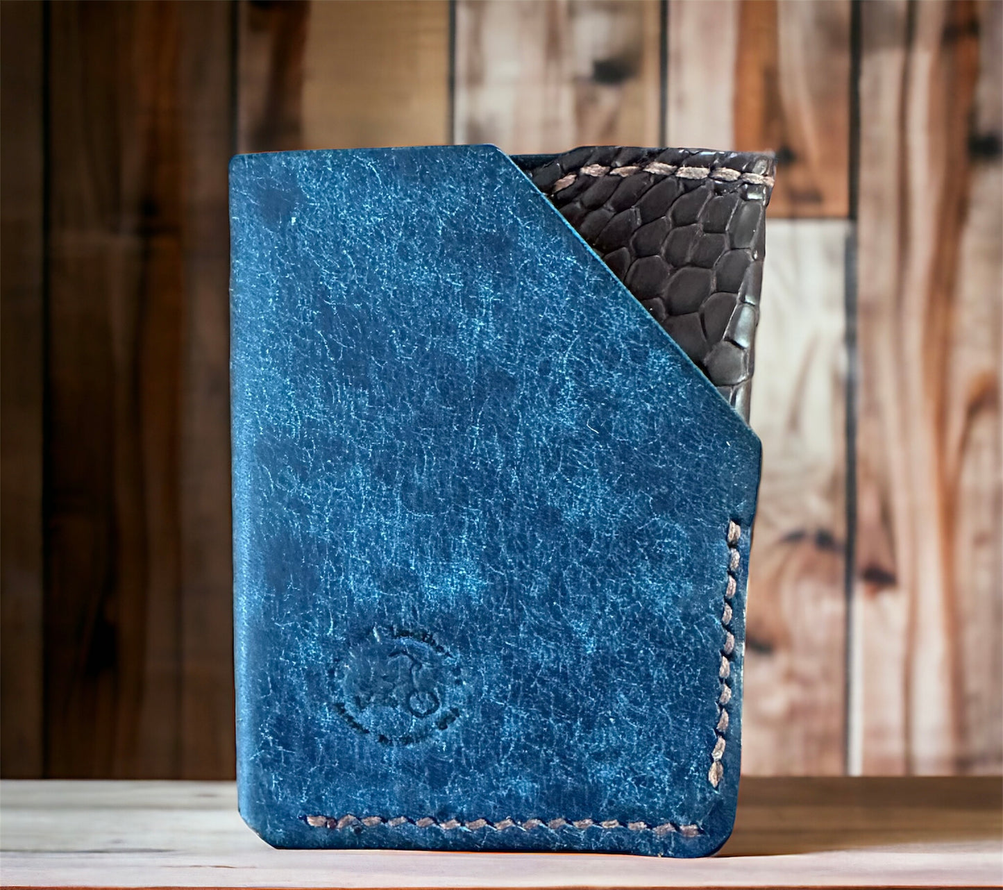 Two Faced Card and Cash Wallet in brown alligator & Mediterranean blue Pueblo leather