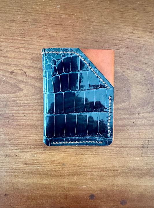 Two Faced Card and Cash Wallet - Midnight Blue Glazed Alligator and Cognac