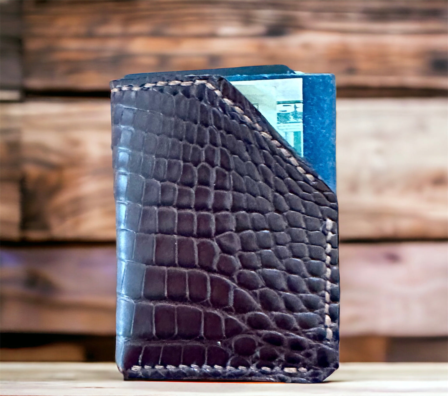 Two Faced Card and Cash Wallet in brown alligator & Mediterranean blue Pueblo leather