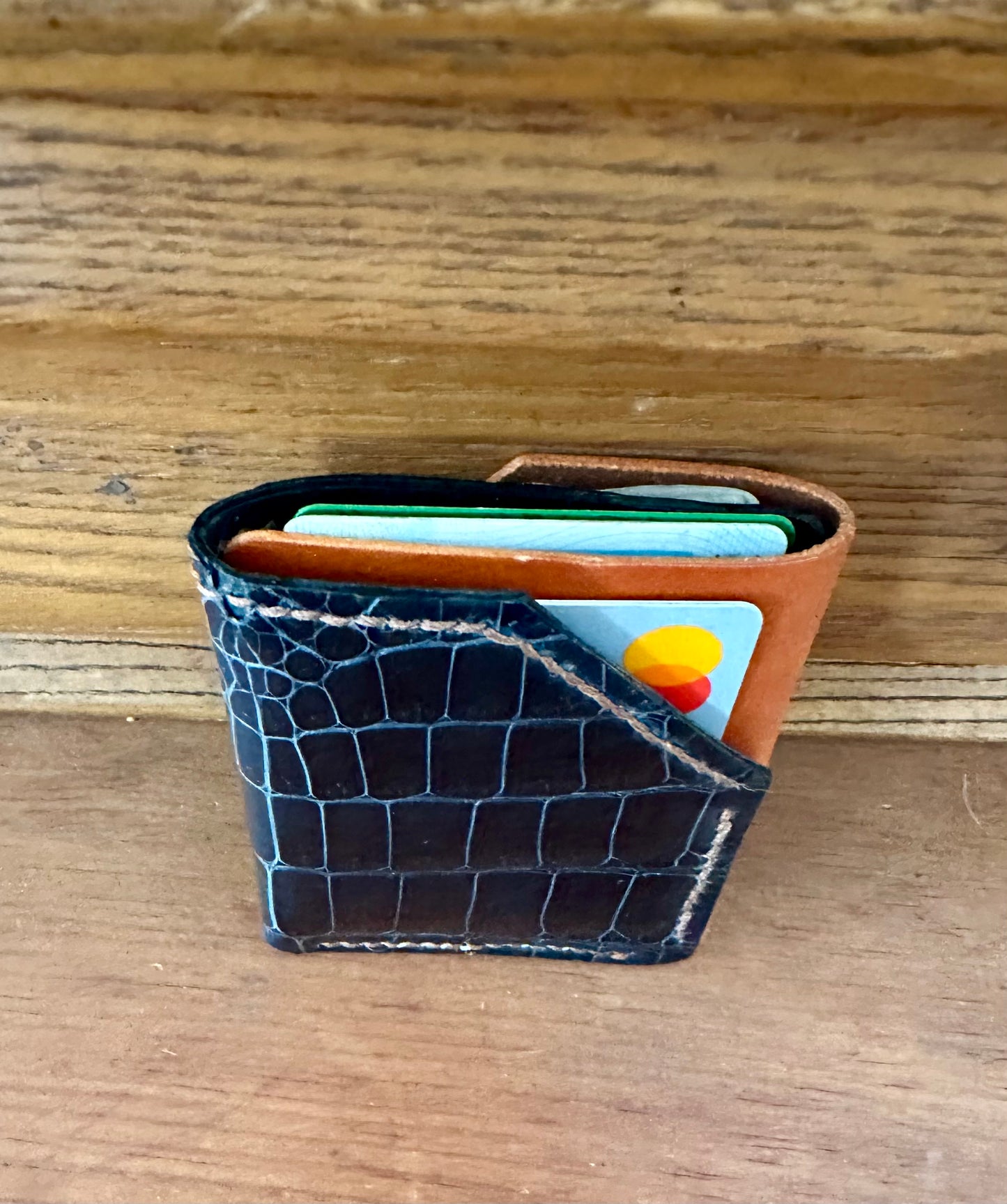 Two Faced Card and Cash Wallet - Midnight Blue Glazed Alligator and Cognac