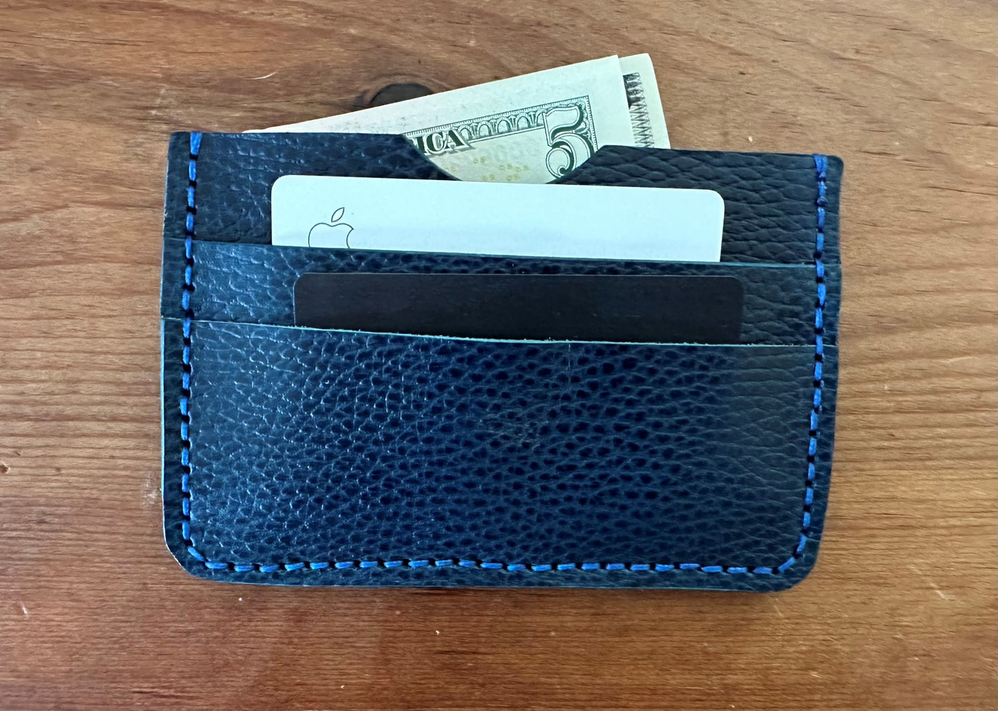 Billet Card & Cash Wallet (Dark Brown with Blue Pebbled Leather) - Made from a Retired English Saddle