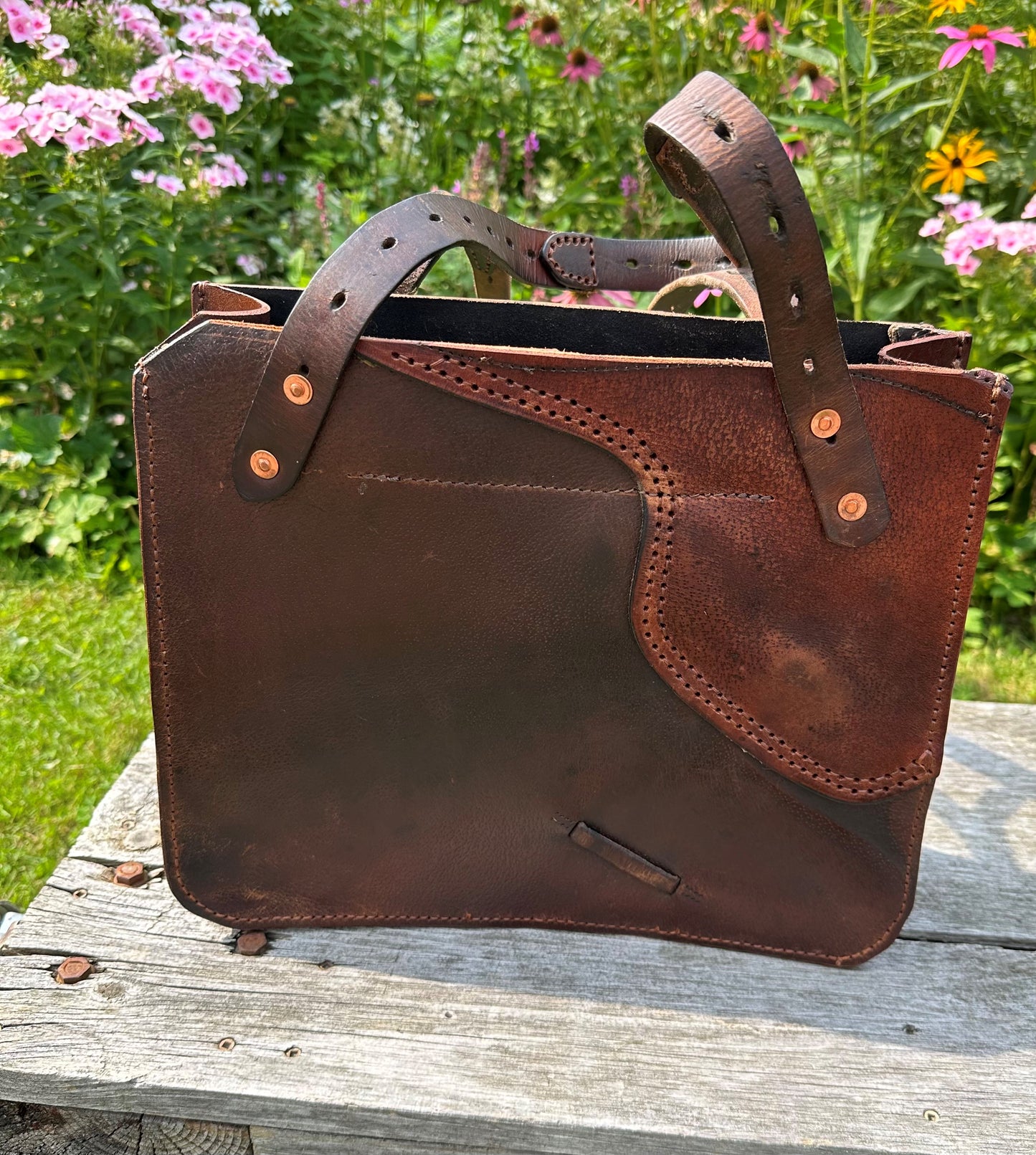 Stowaway Bag Two-Tone w/Right Pocket - Made from a retired English Saddle