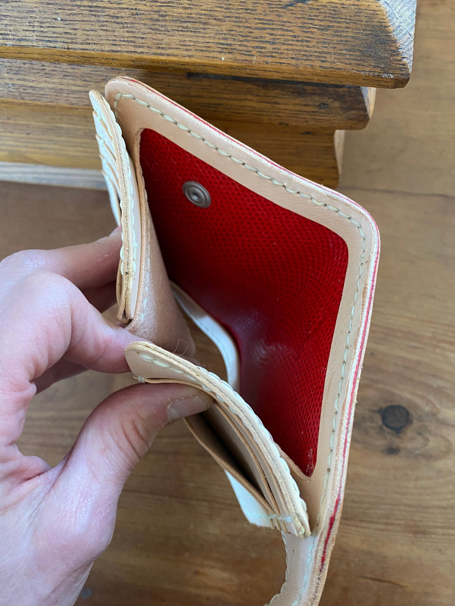 Japanese Mid-Size Wallet, Natural Veggie Tan w/Red Snake Skin Lining